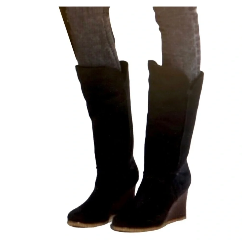 Ugg Suede Sheepskin Knee High Wedge Boot In Black